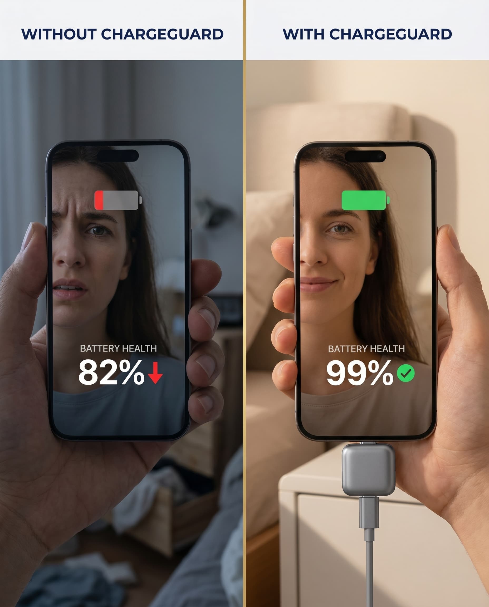 Battery health without ChargeGuard (82%) versus with ChargeGuard (99%).