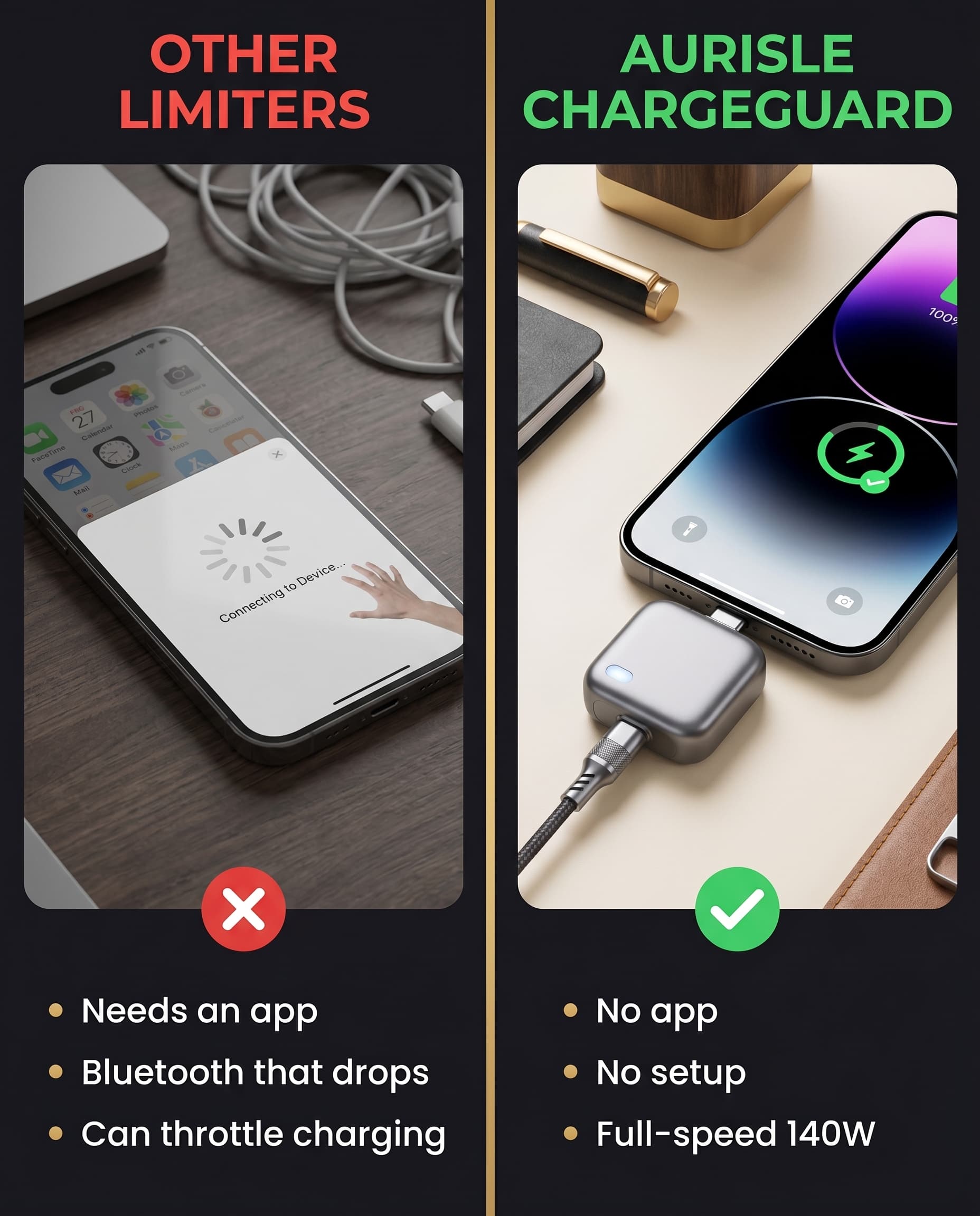 Other limiters need an app and Bluetooth that drops; Aurisle ChargeGuard needs neither.